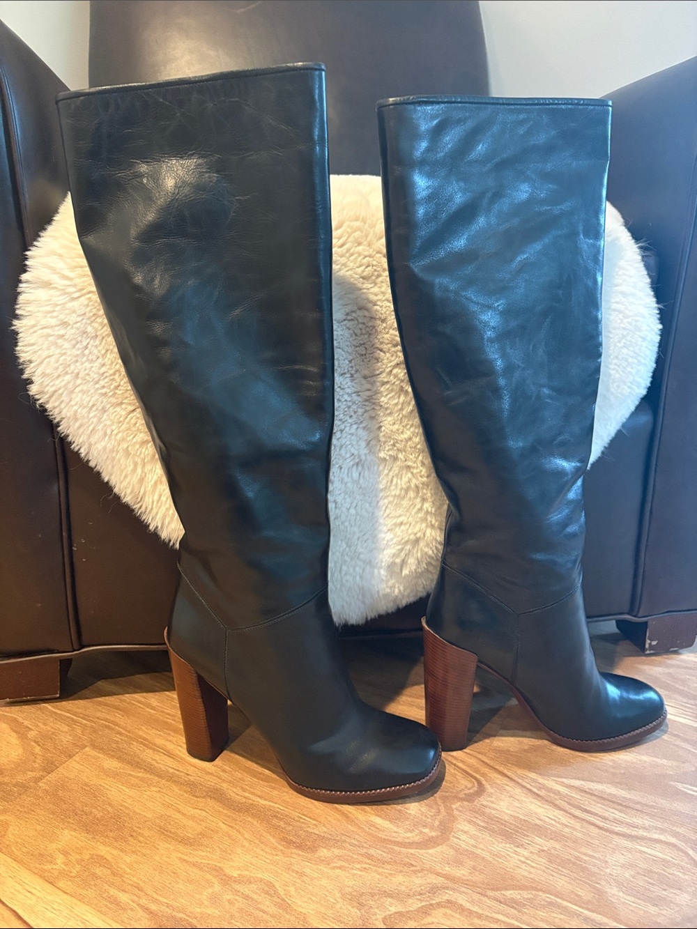 Marc by Marc Jacobs Black Leather Knee-High Boots with Brown Block Heel